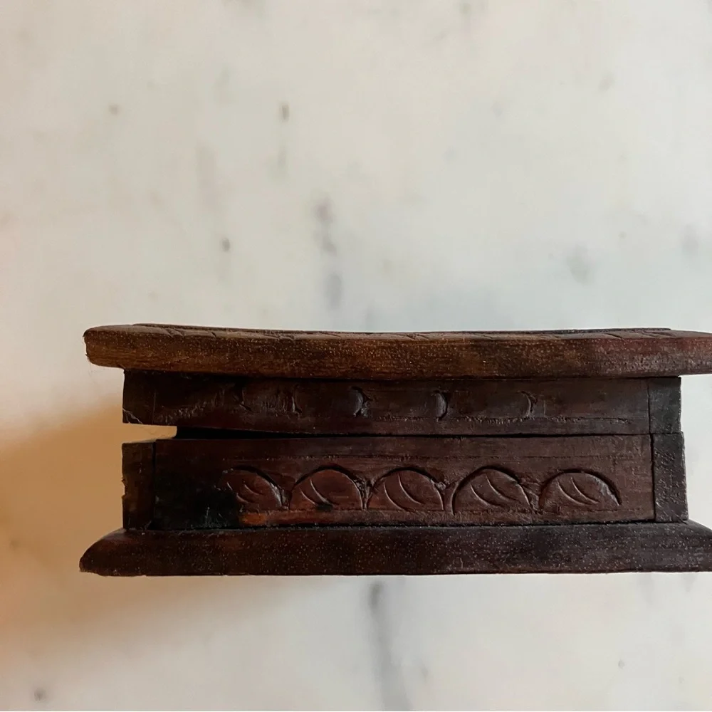 Vintage Southeast Asia Carved Wooden Trinket Box w/ Peacock Design 4 1/2